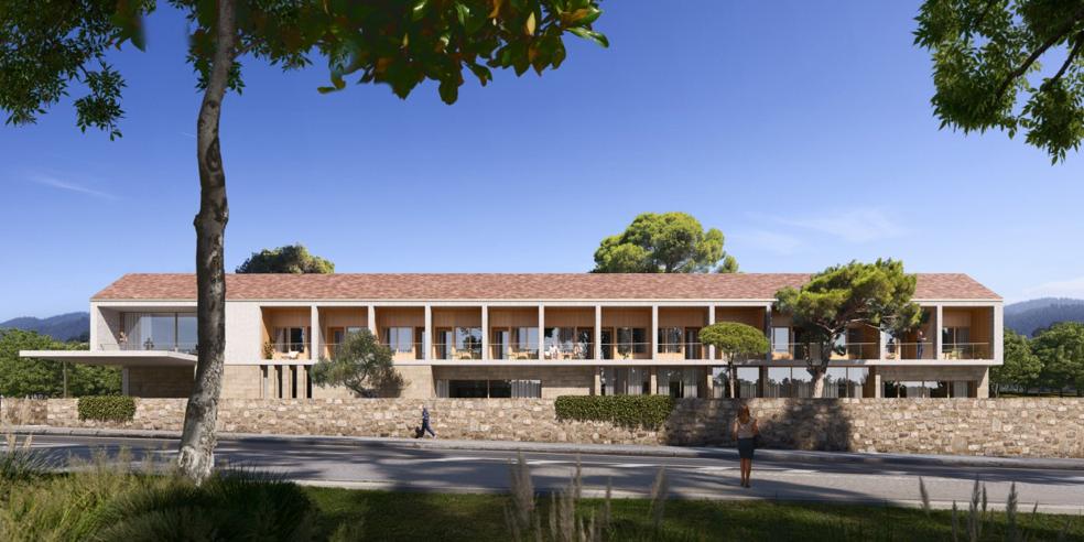 Recreación de la fachada exterior principal de la residencia de mayores y centro de día de Torrecilla en Cameros. AGI Architects Spain/
