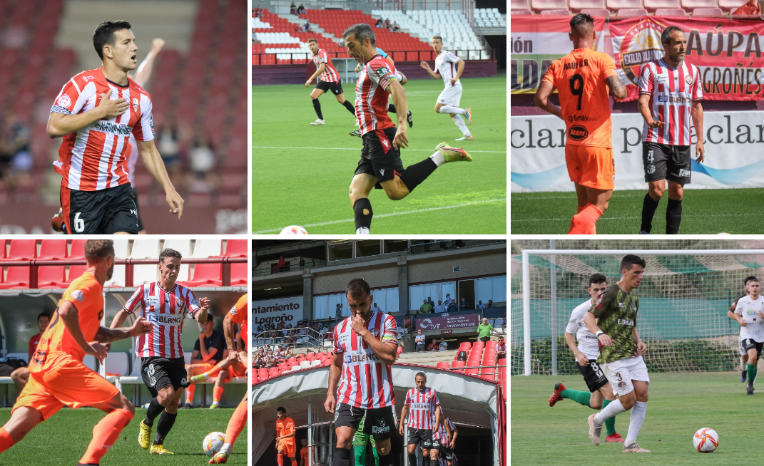 Arriba, de izquierda a derecha: Aitor Arregui (Central UDL), Iñaki Sáenz (Lateral izquierdo UDL), César Caneda (Central SDL). Debajo, Diego Esteban (Mediapunta SDL), Emilio Lozano (Centrocampista UDL) y Jaime Paredes (Lateral izquierdo SDL)./