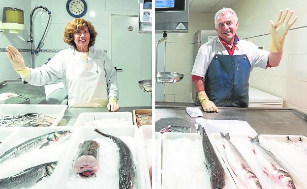 Merche Sáenz y José Miguel Benito, en las pescaderías de Logroño y Albelda. / S. T.