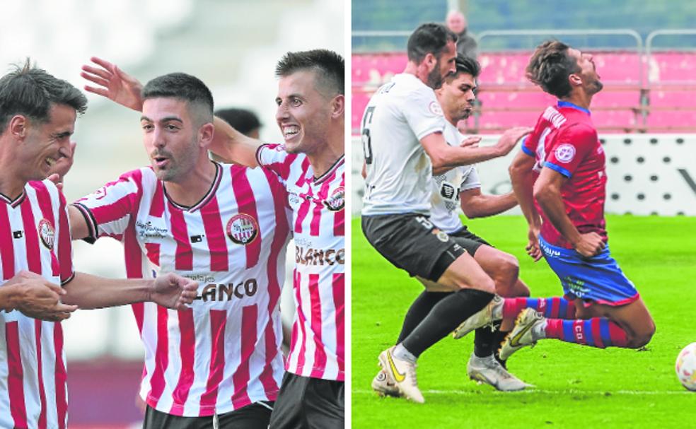 Los jugadores de la SD Logroñés celebran uno de sus goles de esta temporada. A la derecha, Santana cae durante un partido del Calahorra./FERNANDO DÍAZ