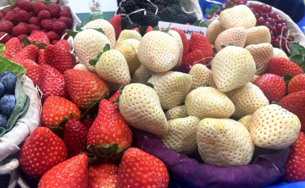 Fresas rojas y blancas, con otras bayas, en un frutero en Madrid Fusión. / C.A.M.