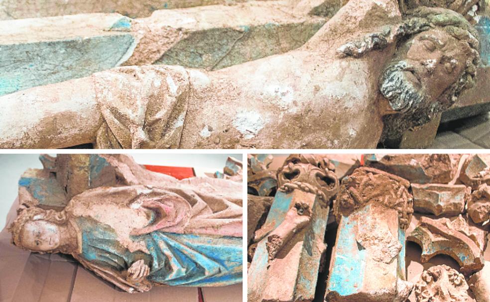 El Cristo crucificado y la imagen de la Virgen, junto a los fragmentos encontrados del crucero, han sido trasladados a dependencias para su custodia. Destaca la buena conservación de la iconografía religiosa. /ALBO