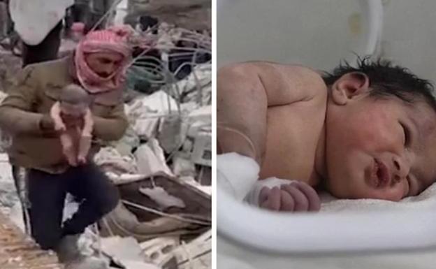 Un bebé recién nacido es rescatado de entre los escombros./EFE