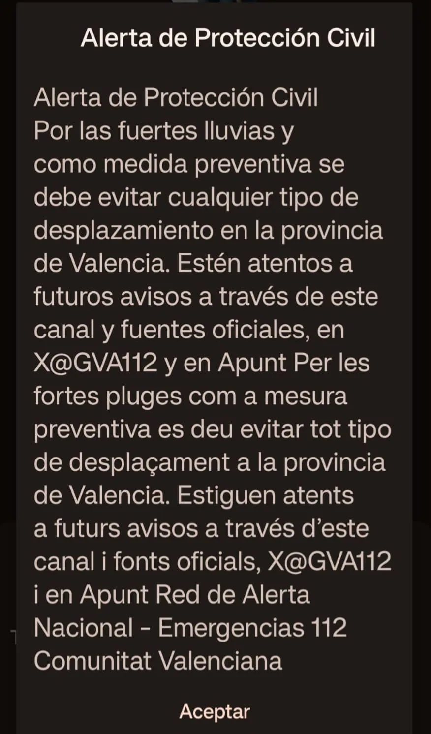 Alerta llegada a los móviles a las ocho de la tarde del lunes y a primeras horas del miércoles.