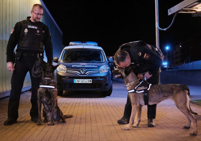 Los agentes Alejandro y José Antonio posan con los perros Ares y Tanis.